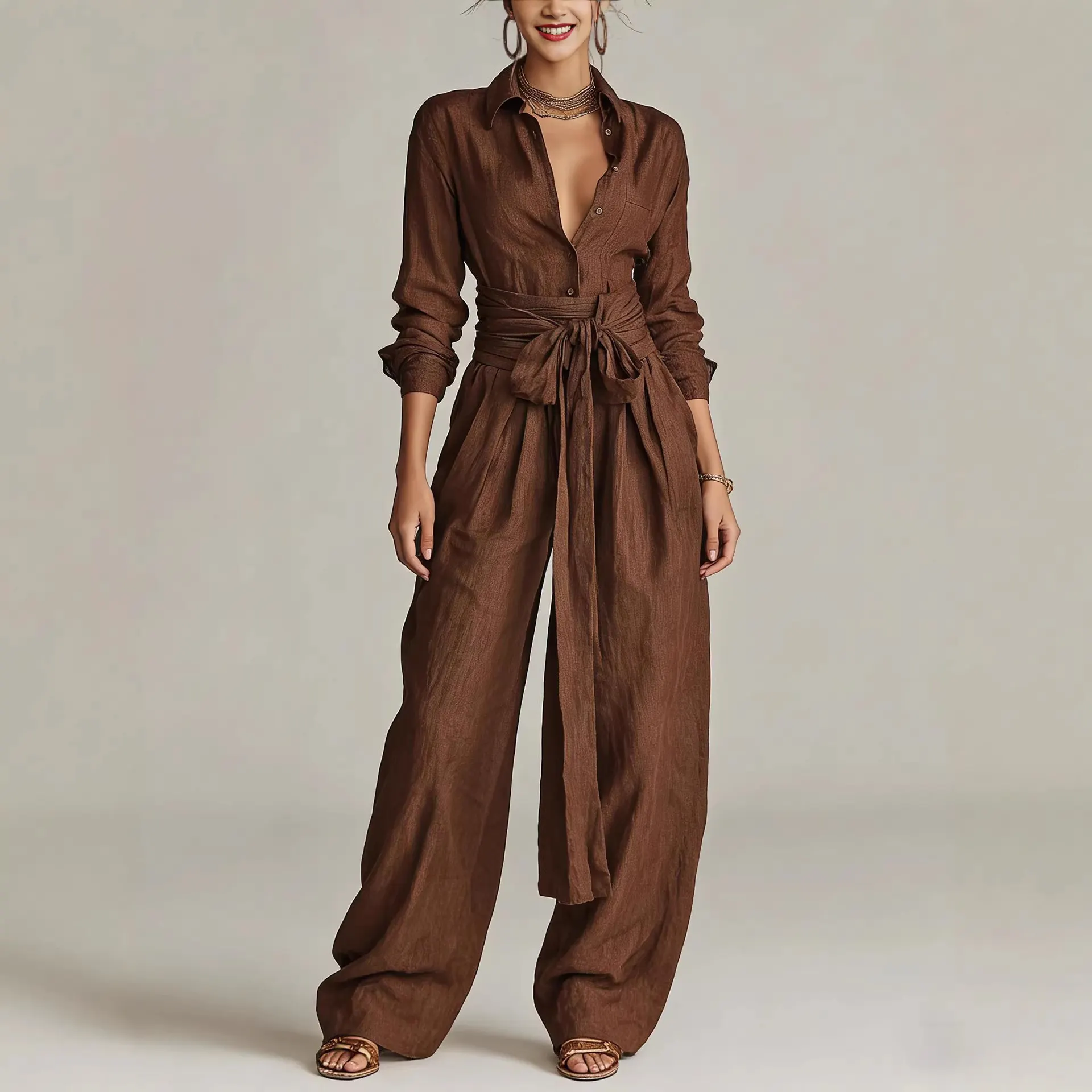Women's Linen Shirt Wide Leg Pants Set