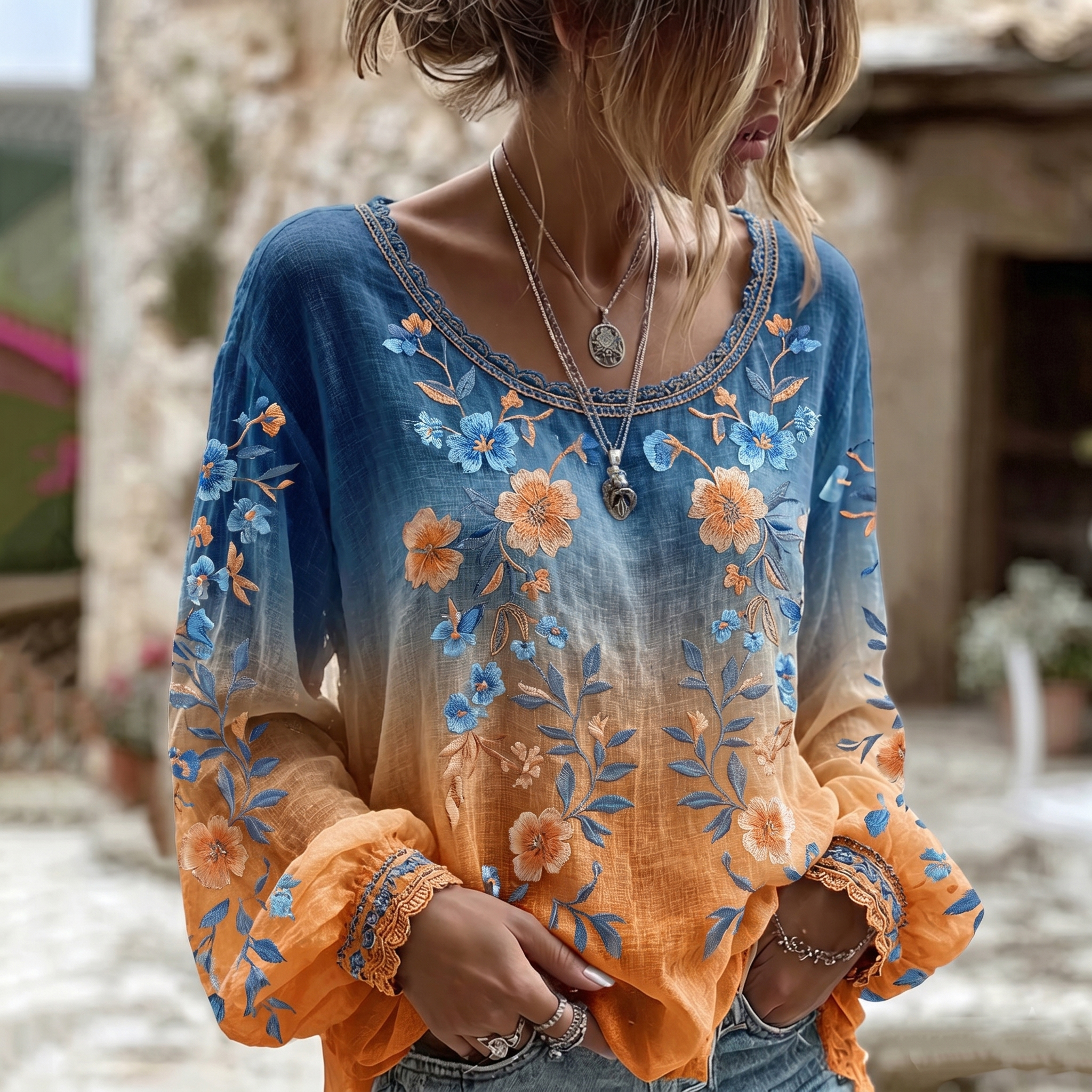 Comstylish Women's Gradient Floral Pattern Crew Neck Long Sleeve Linen Blend T-shirt