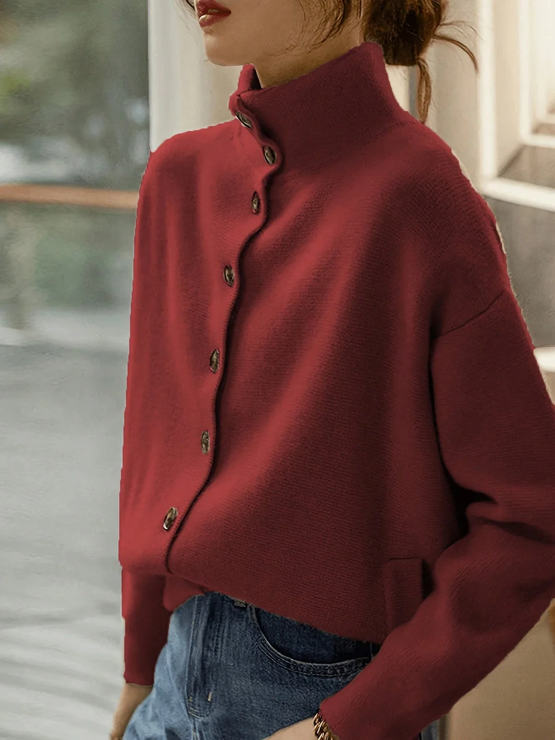 Nigikala Nigikala And Winter Women's Clothing Pure Color Leisure Single Row Buckle Collar Long-Sleeved Knitted Cardigan Women Elegant And Simple