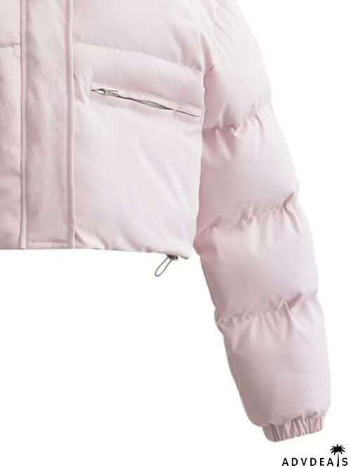 Snap and Zip Closure Drawstring Cropped Winter Coat