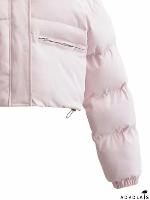 Snap and Zip Closure Drawstring Cropped Winter Coat