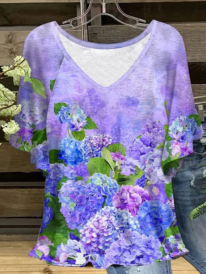 Women's Alzheimer's Disease Flowers Print V-Neck Ruffle Sleeve T-Shirt