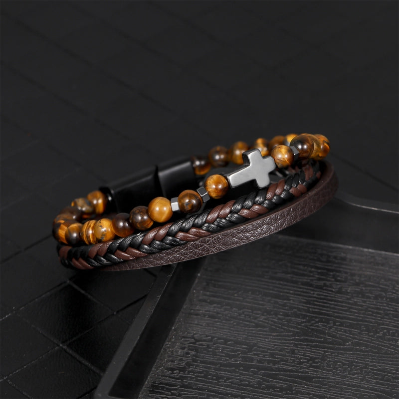 Vintage Style Cross Pu Leather Alloy Natural Stone Beaded Men's Bracelets Men Cord & Leather Bracelets