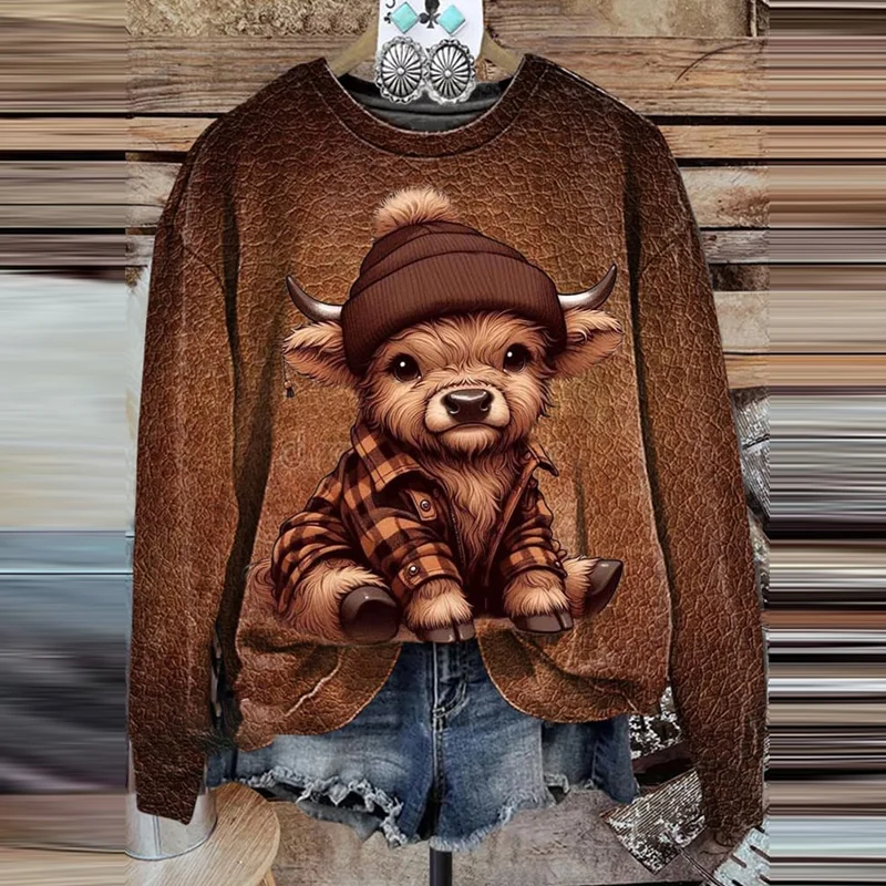 Women's Western Highland Cow Art Pattern Casual Sweatshirt