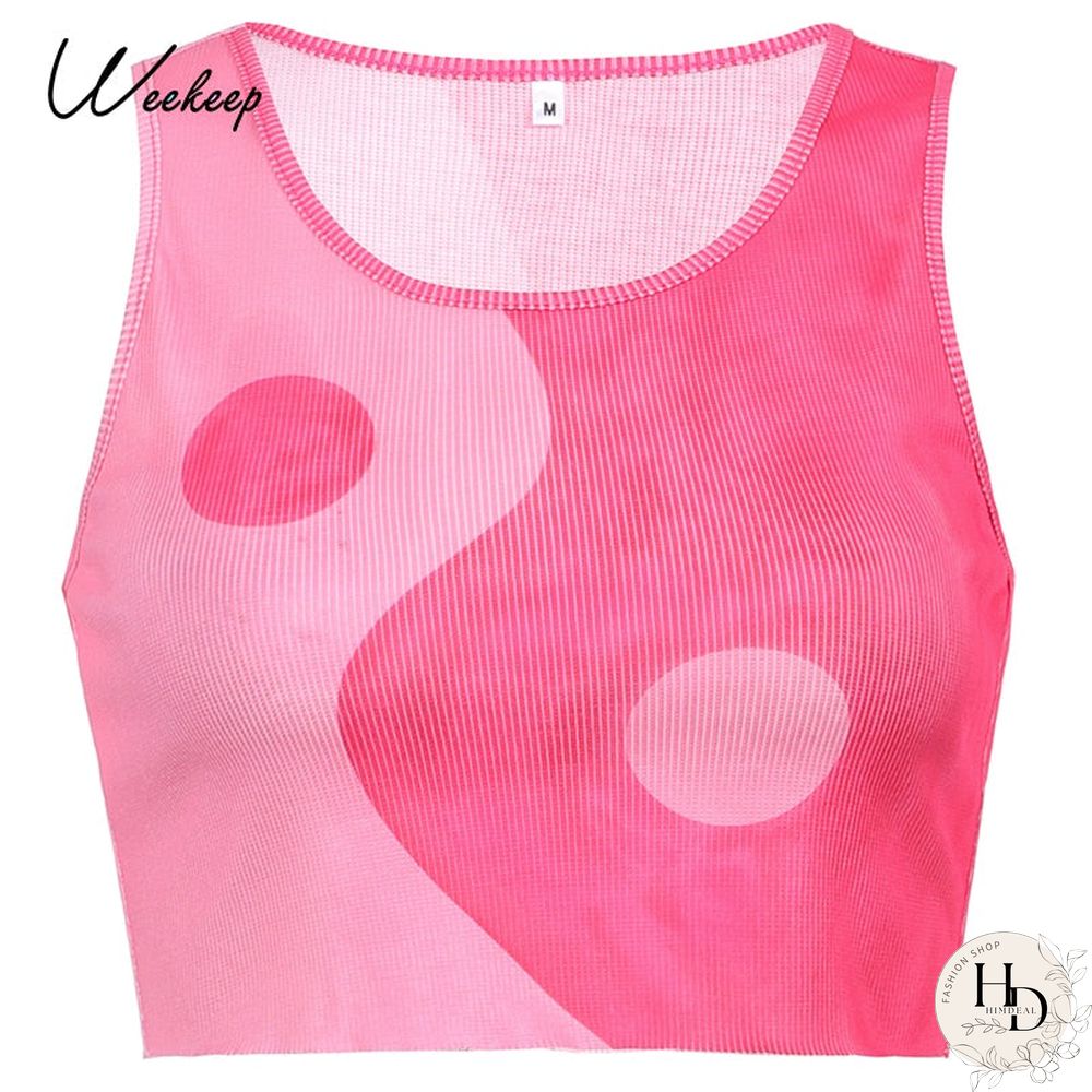 Weekeep Vintage Chinese Style Print Ribbed Crop Top Women Sleeveless Tank Top Summer Punk Fitness New Streetwear 90S Fashion Tee