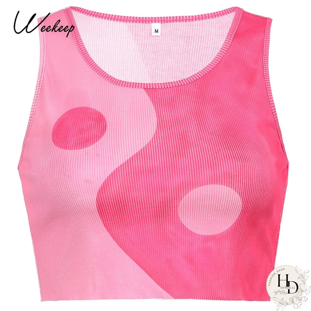 Weekeep Vintage Chinese Style Print Ribbed Crop Top Women Sleeveless Tank Top Summer Punk Fitness New Streetwear 90S Fashion Tee