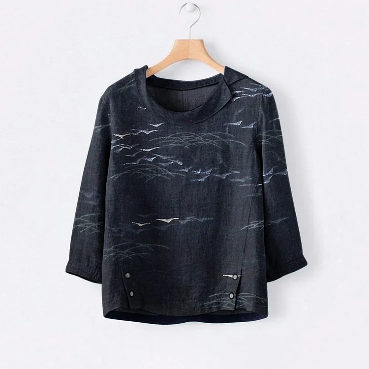 Japanese Art Print Lapel Casual Blouse