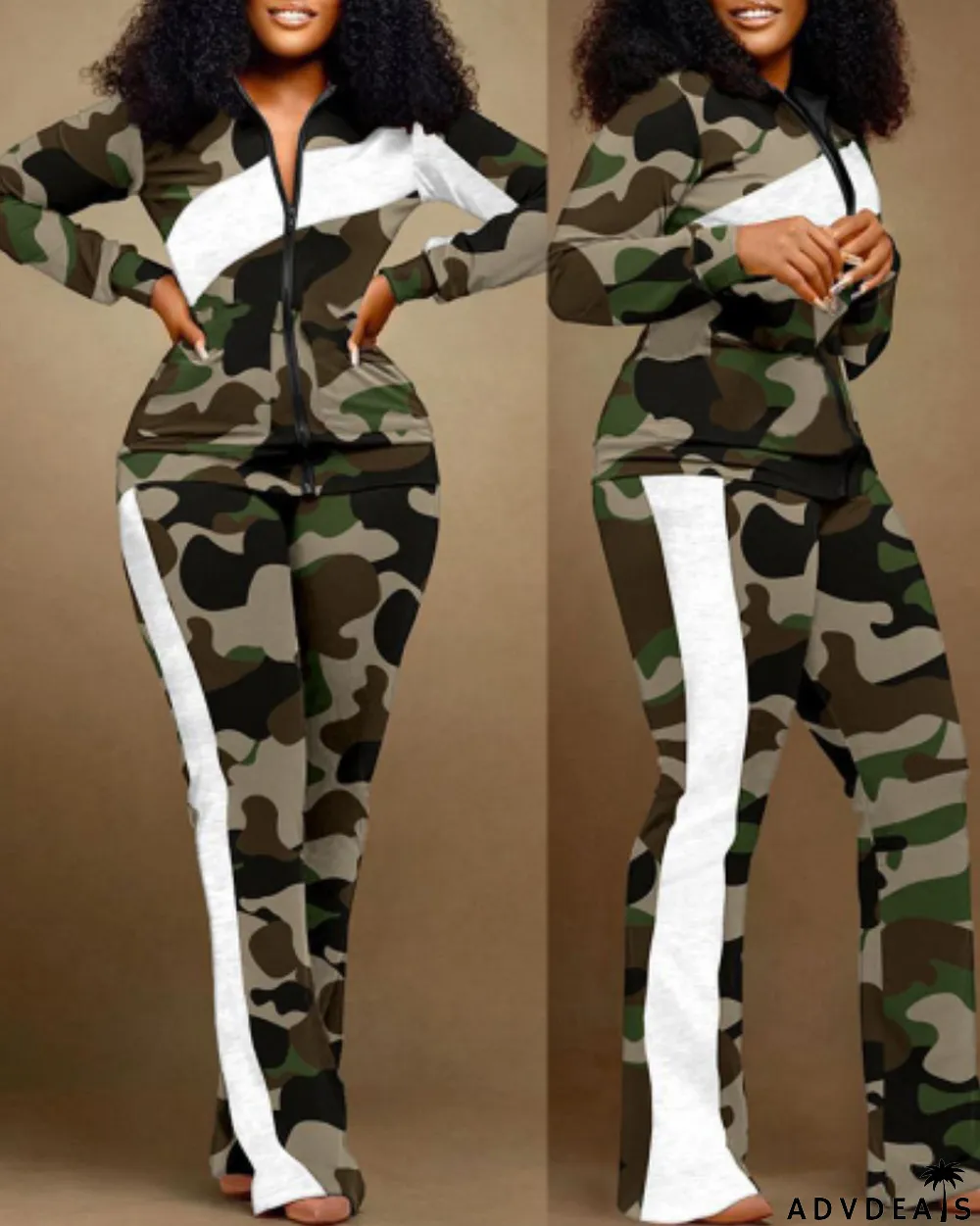 Plus Size Casual Print Zipper Long Sleeve Pant Two Piece Set