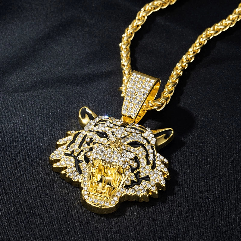 Hip-Hop Tiger Iron Zinc Alloy Inlay Rhinestones Men’s Charms Pendant Necklace