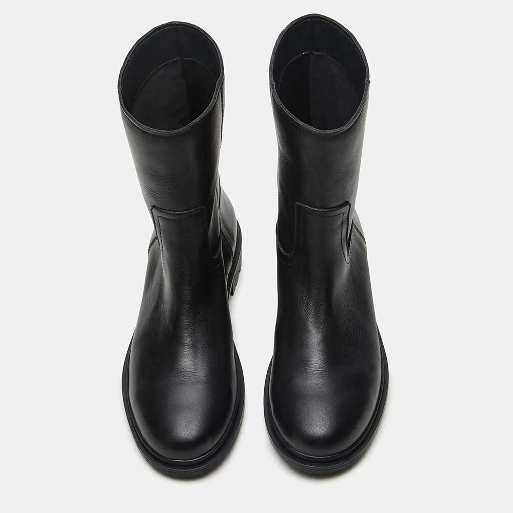 Black Faux Leather Round Toe Low Chunky Heel Short Boots for Women