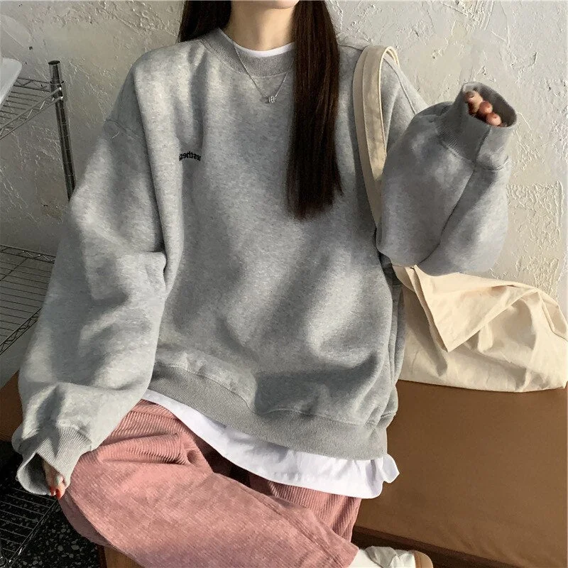 2021 Splicing Pullover Women Autumn Winter Fleece Thick Korean Version Oversized Hoodies O Neck Long Sleeve Girl Sweatshirt