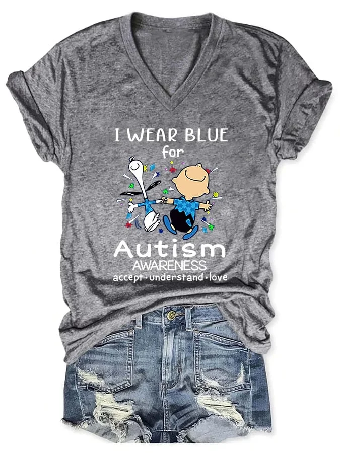 V-neck Autism Awareness I Wear Blue For Autism Print T-Shirt