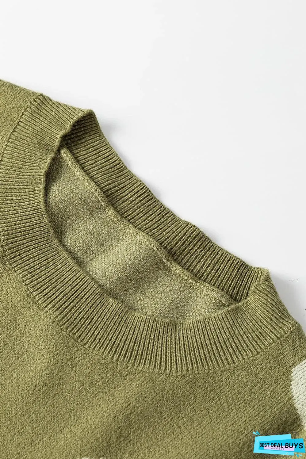 Spinach Green Big Flower Knit Ribbed Trim Sweater