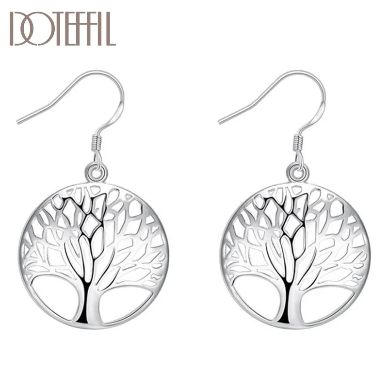 DOTEFFIL 925 Sterling Silver Circle Tree Drop Earrings Charm Women Jewelry 