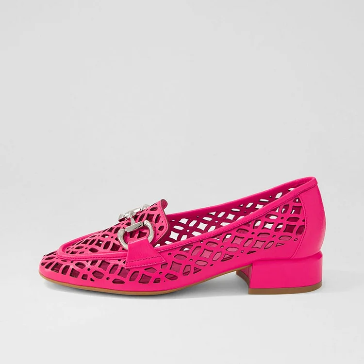 Hot Pink Square Toe Cutout Heeled Loafers with Horsebit |FSJ Shoes