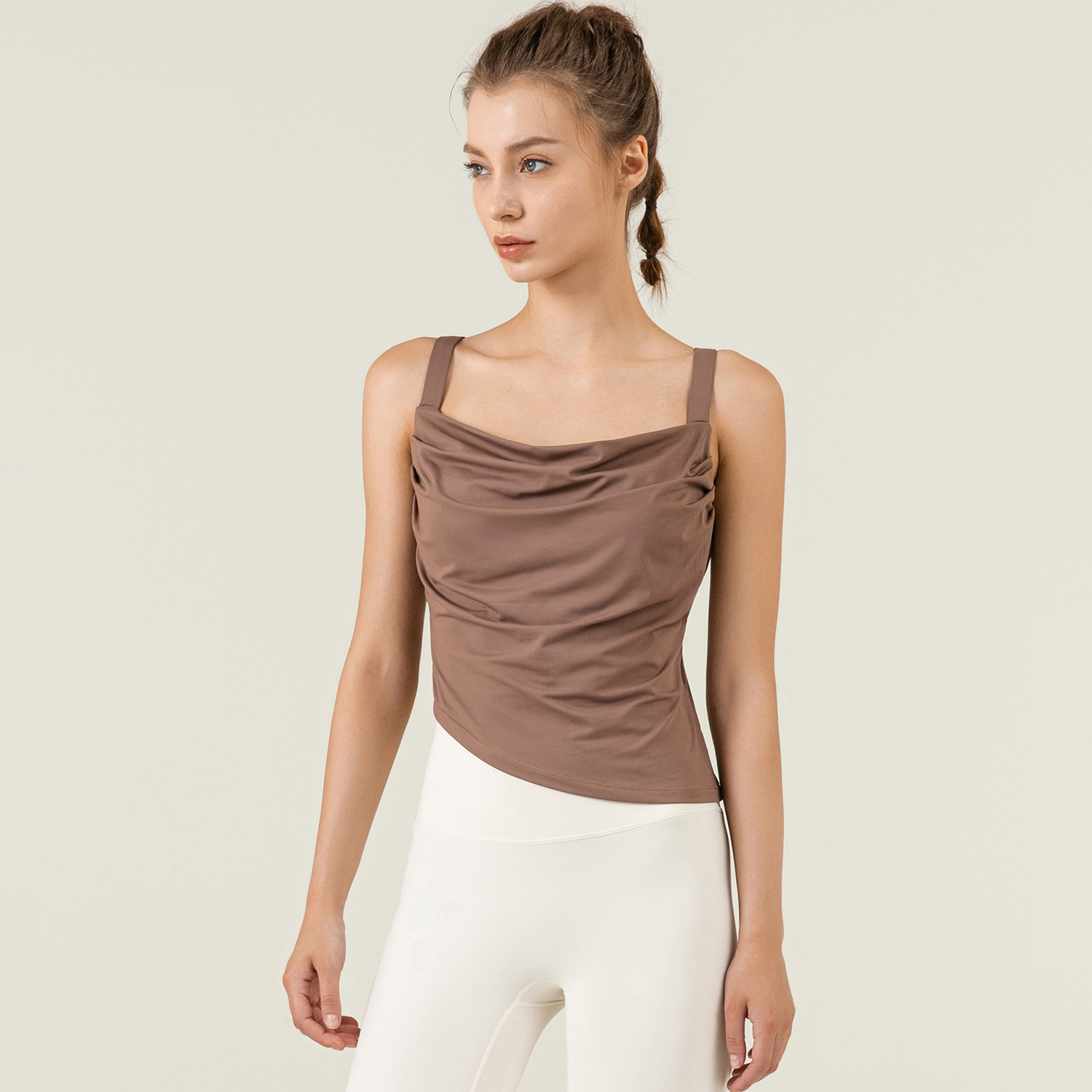 Hergymclothing Cocoa Brown skin friendly breathable stretchable close-fitting butter soft sports fitness vest with pads for women online shopping