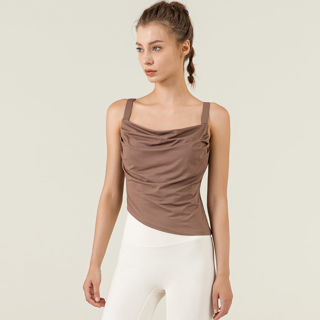 Hergymclothing Cocoa Brown skin friendly breathable stretchable close-fitting butter soft sports fitness vest with pads for women online shopping