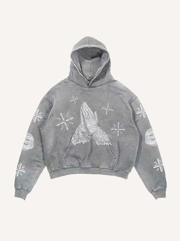 Thesouth Mary&Letter Pray Faux Rhinestones Print Slant Pockets Hoodie