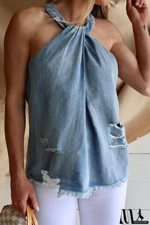 MidiSono - Ripped Raw Edge Halter Neck Top