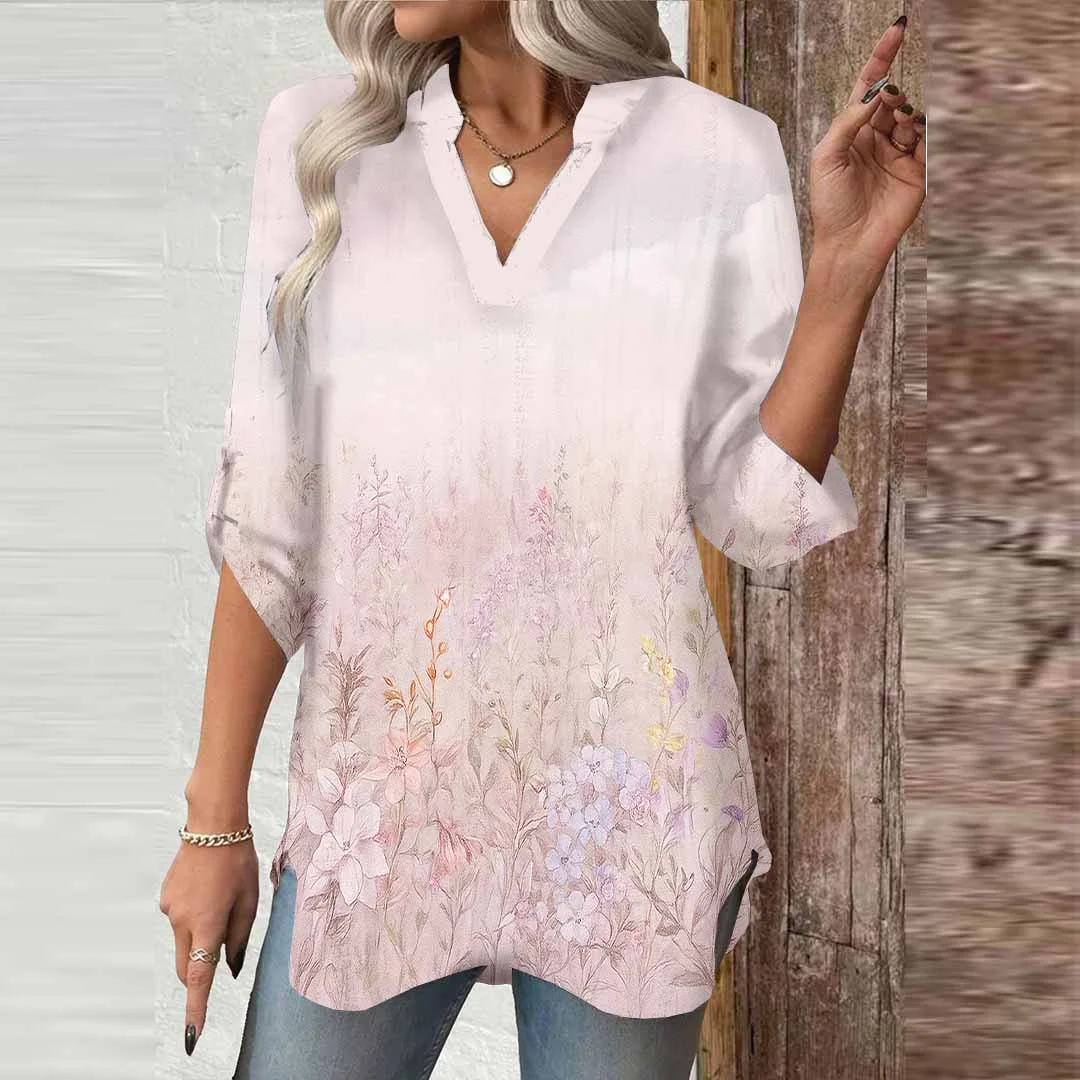 Women Floral, Pink DZGA0600 3/4 Sleeve V-neck Printed Graphic Button Tops