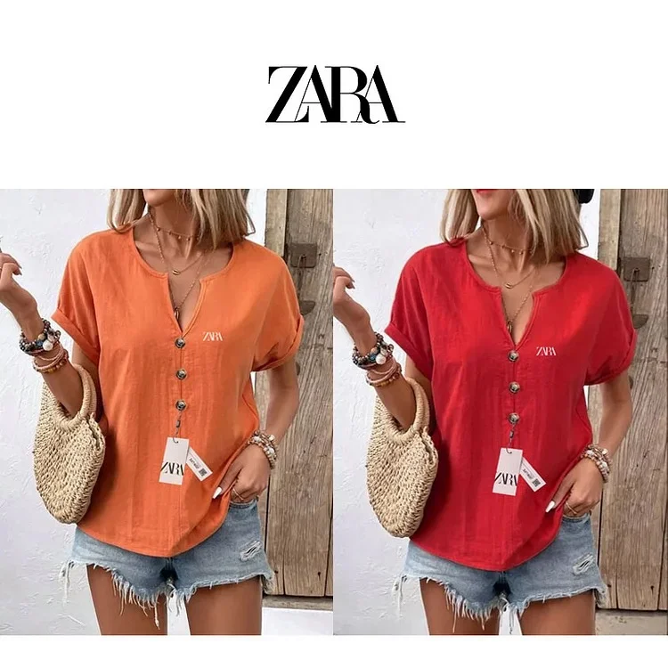 Dámske jednofarebné tričko s krátkym rukávom, výstrihom do V a ležérne letné topy 2025 Zara, 2 kusy
