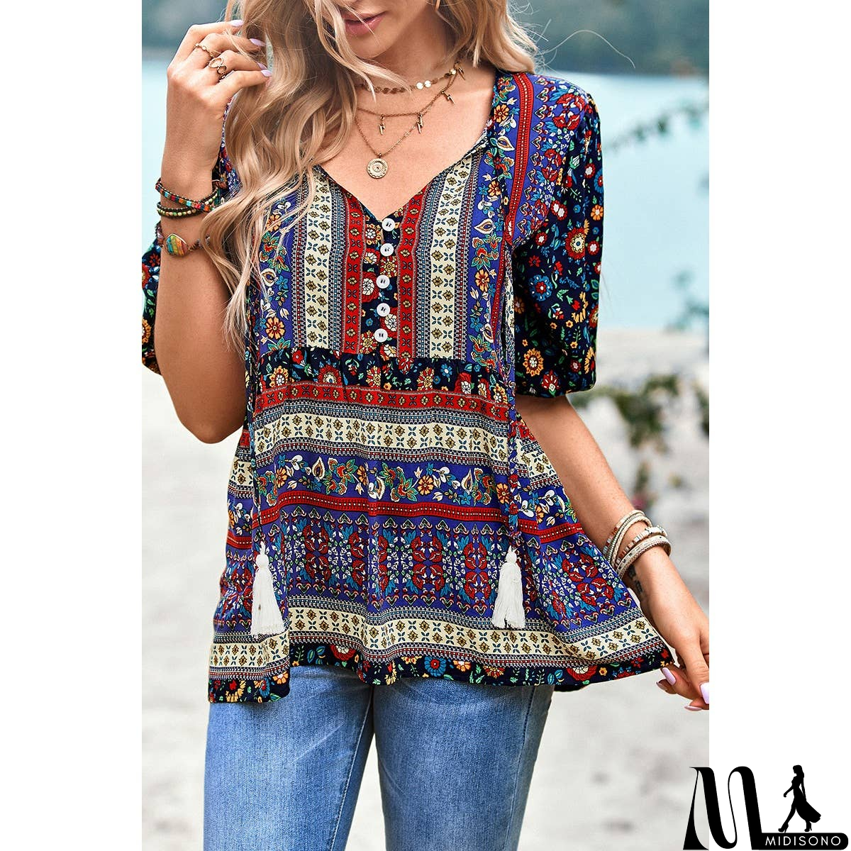 MidiSono - Floral Print Button Deep V Color Block Loose Fit Top