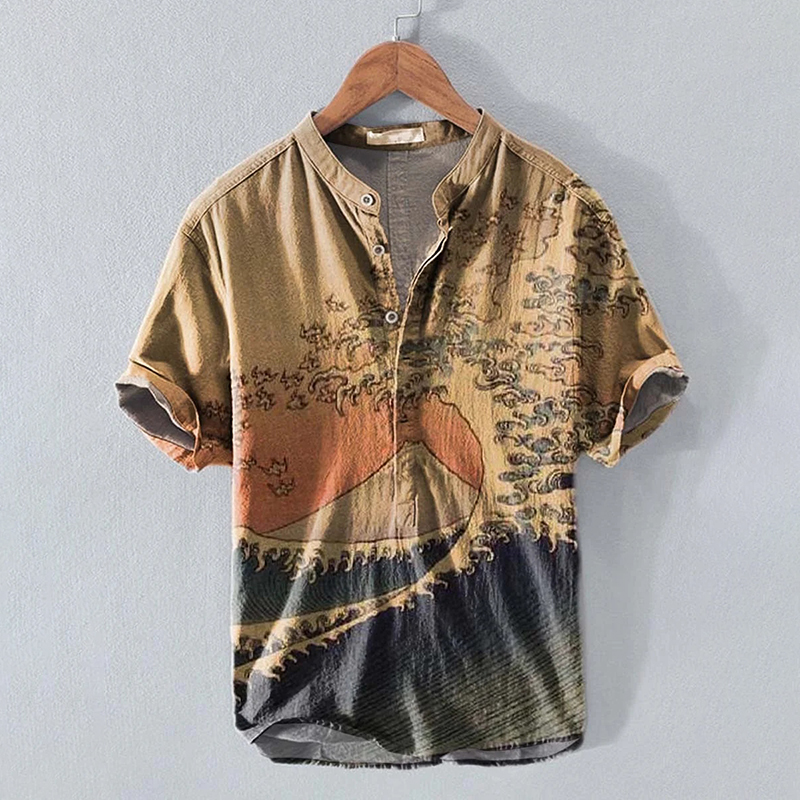 Vintage Japanese Fuji Wavy Painting Printing Casual Shirt