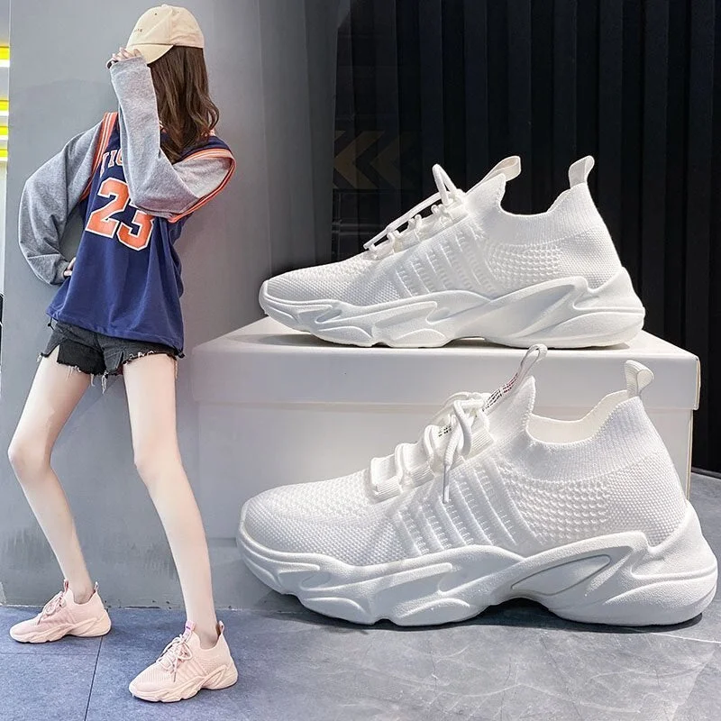 2021 New Fashion Yellow Sneakers Women Shoes Korean Breathable Mesh Platform Casual Shoes White Lace Up Women's Neon Sneakers