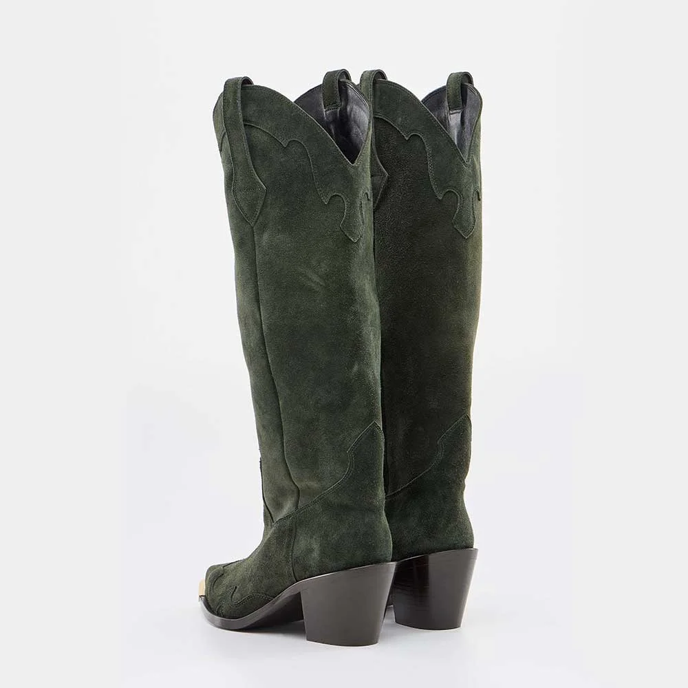 Green Mid Calf Embroidered Pointed Toe Vegan Suede Cowboy Boots