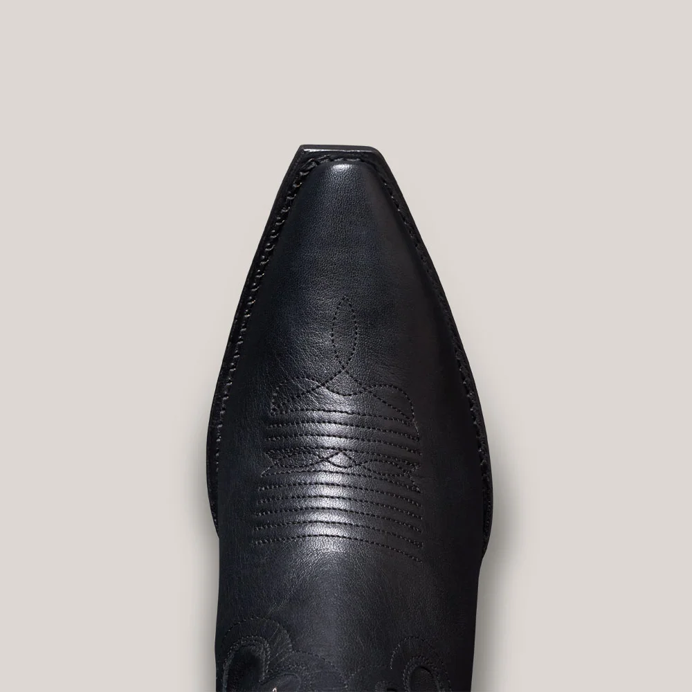 Women's Snip Toe Block Heel Black Embroidered Cowgirl Boots