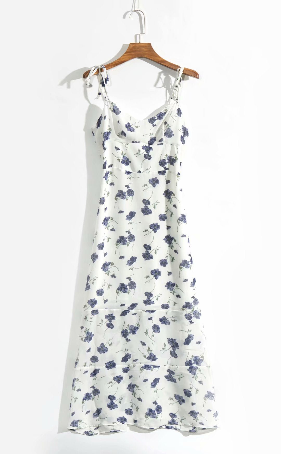 Slim Fit All-match Flat Spaghetti-strap Floral Print Exposed Back Mid-length Dress For Women