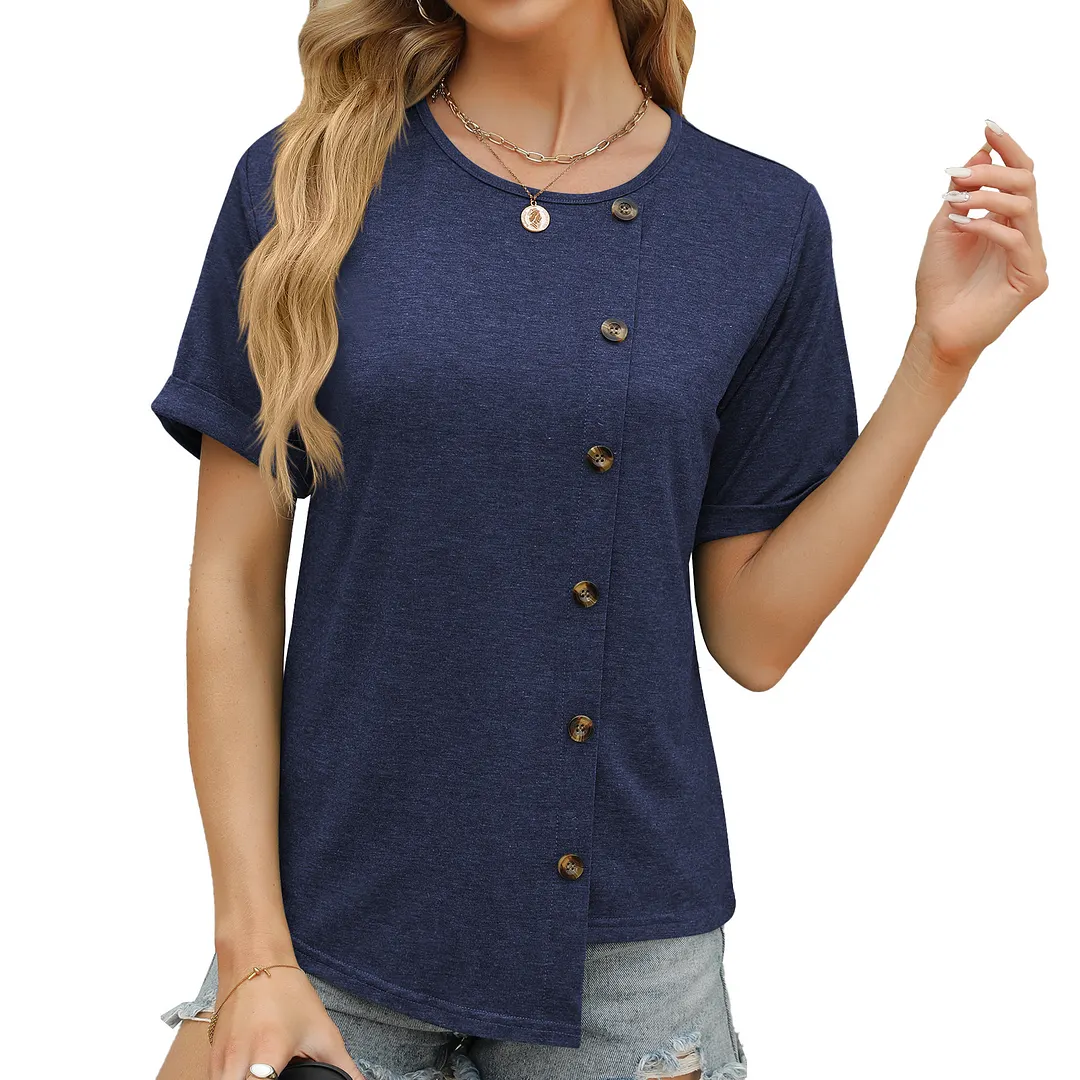 Churchf Churchf 2024 New Round Collar Button Irregular Splicing Loose T-Shirt Women