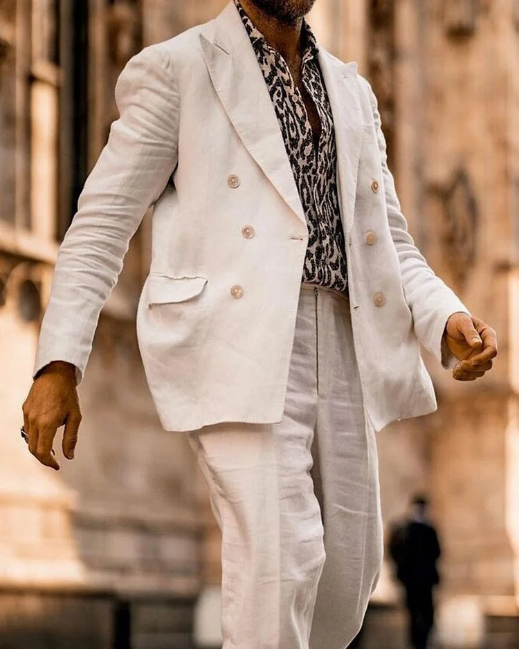 Men's 1920s Pure White Linen Double Breasted Two Piece Set