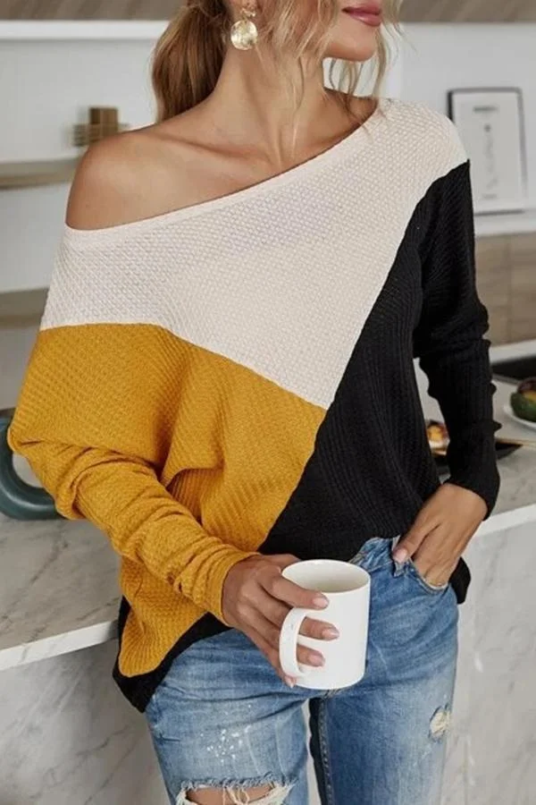 Womens Long Sleeve Color Block Boat Neck T-Shirt-Allyzone-Allyzone