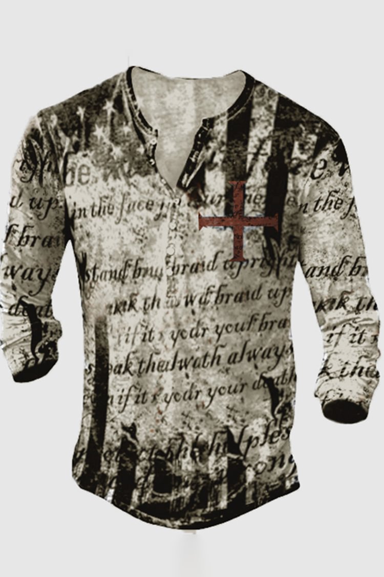 BrosWear Vintage Letter Cross Print Henley Long Sleeve T-Shirt