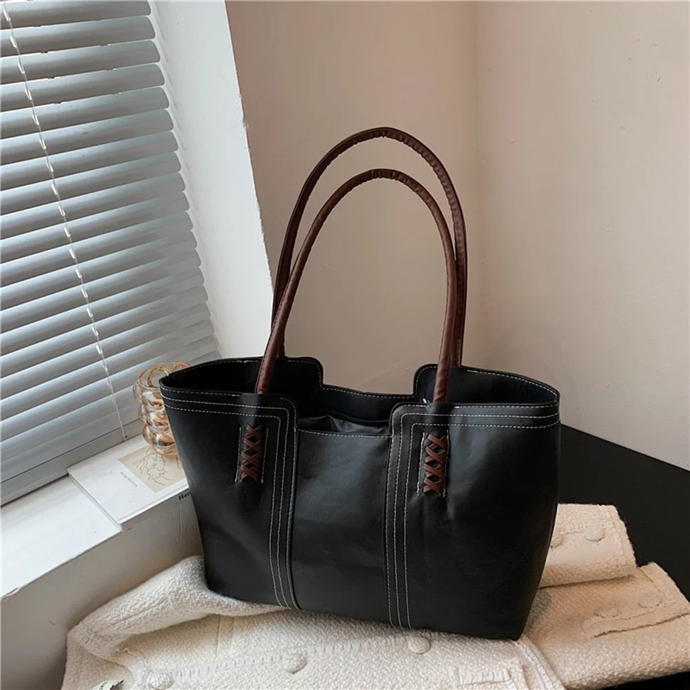 Fashion Women PU Leather Solid Color Shoulder Shopping Bag Casual Ladies Commuter Large Capacity Tote Handbags