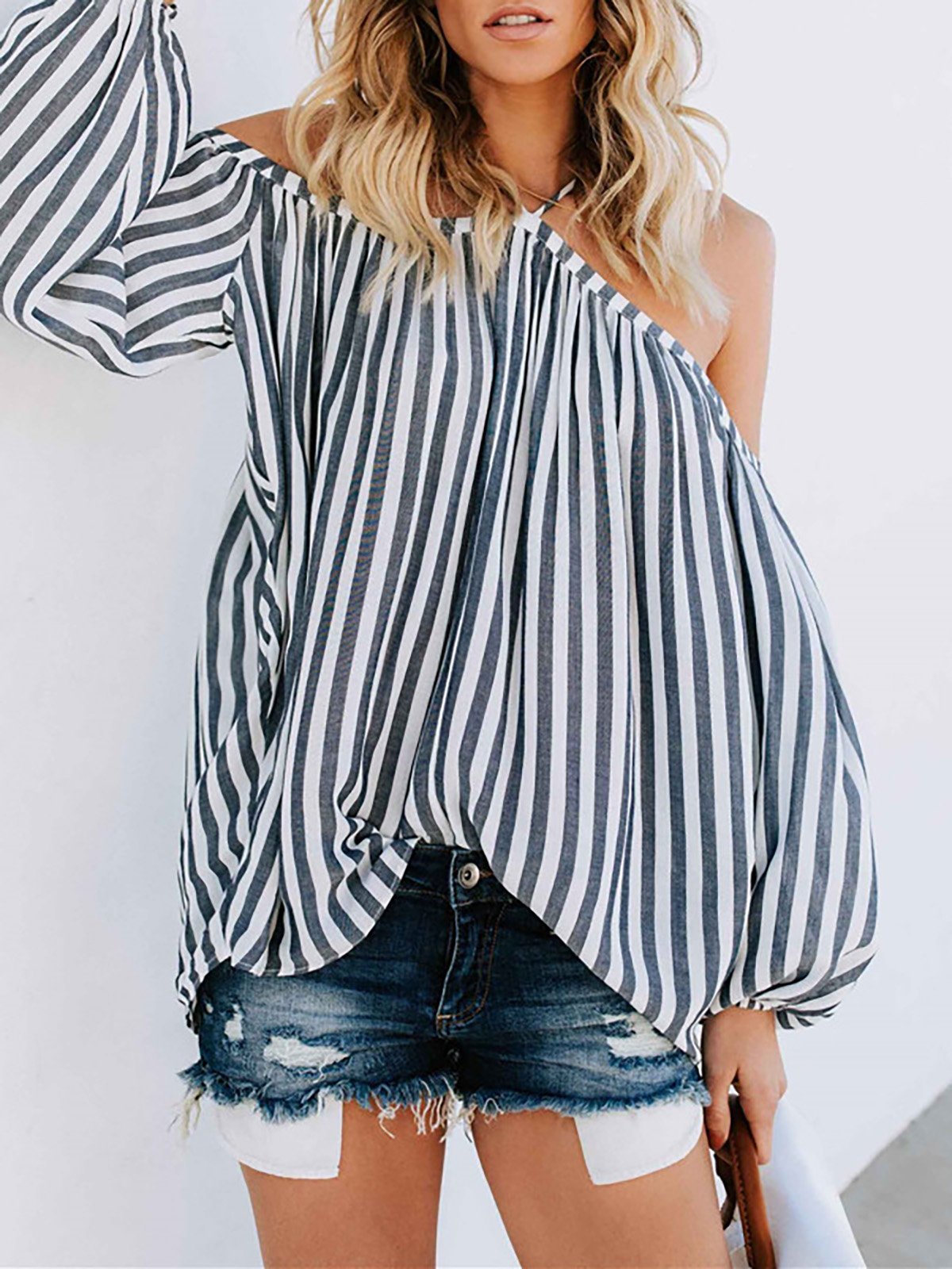 Gray Casual Cold Shoulder Blouse