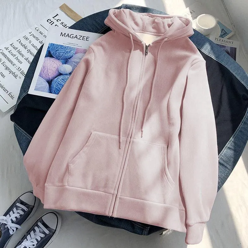 Lazy Plush and Thick Zip-up Autumn And Winter Fashion Women Sweatshirt  hoodie coat  Korean Soild Color Long Sleeve Female 1214