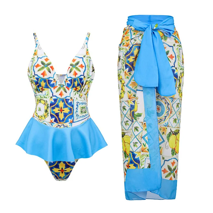 Flaxmaker Ruffle Printed One Piece Swimsuit and Sarong