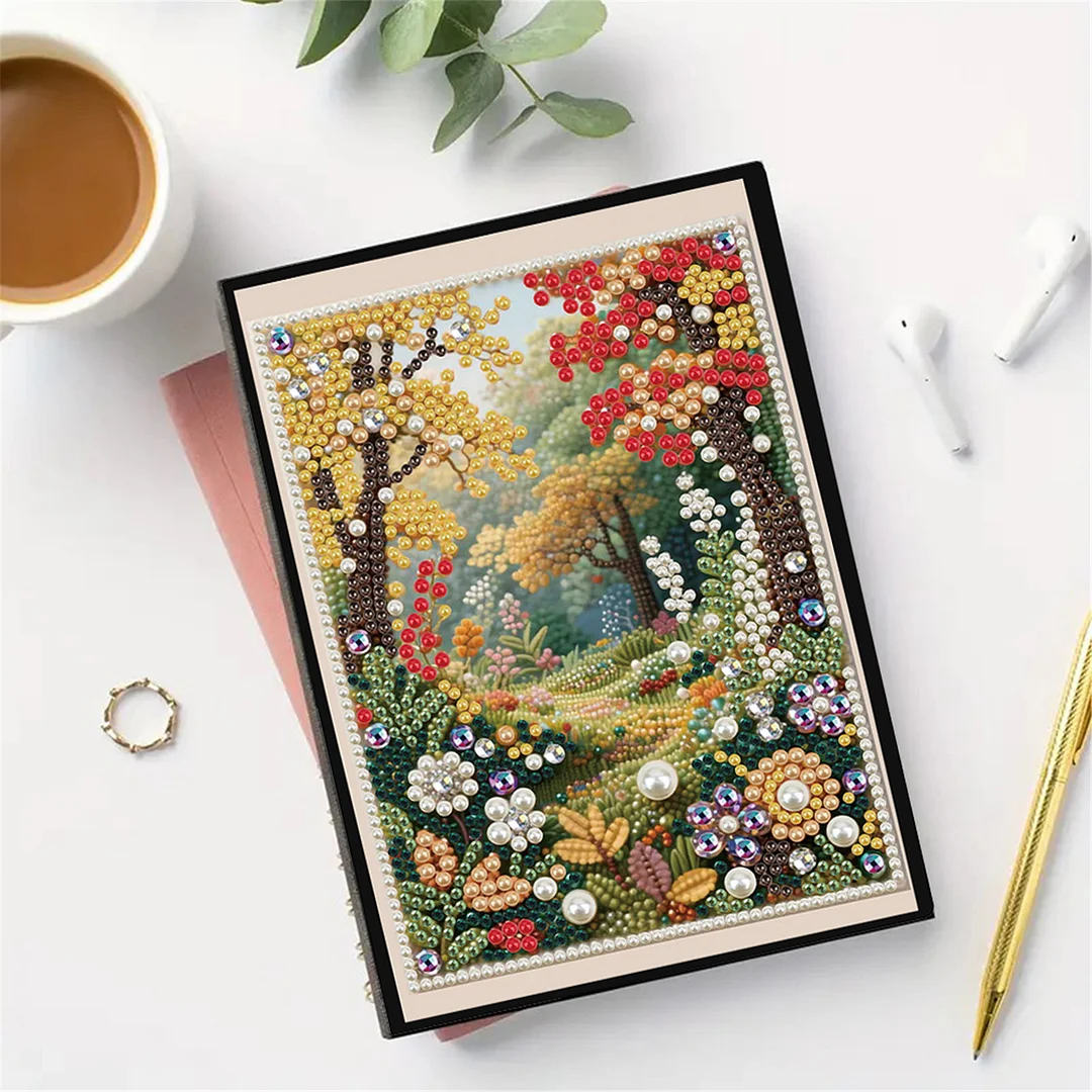 Autumn Forest Partial Pearl DIY 50 Pages A5 Diamond Painting Notebook Special Shaped Diamond Art Diary Book Kits Wireless Strip 5D Crystal Art Paintings Sketchbook for Art Drawing