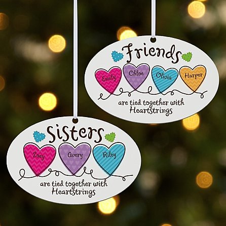 Personalized Sisters Christmas Ornament Custom 4 Names Oval Ornament "Sisters are tied together with Heartstrings"