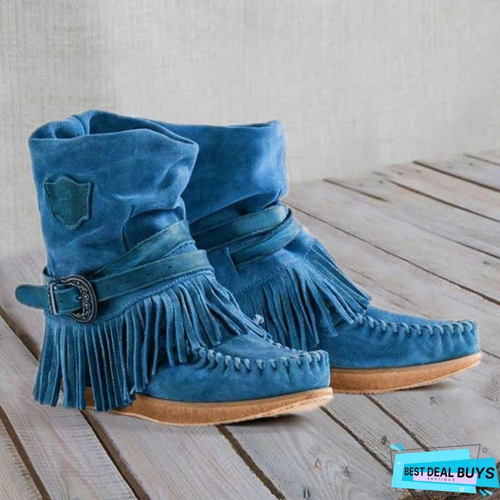 Women's Fringe Round Toe Retro Boots