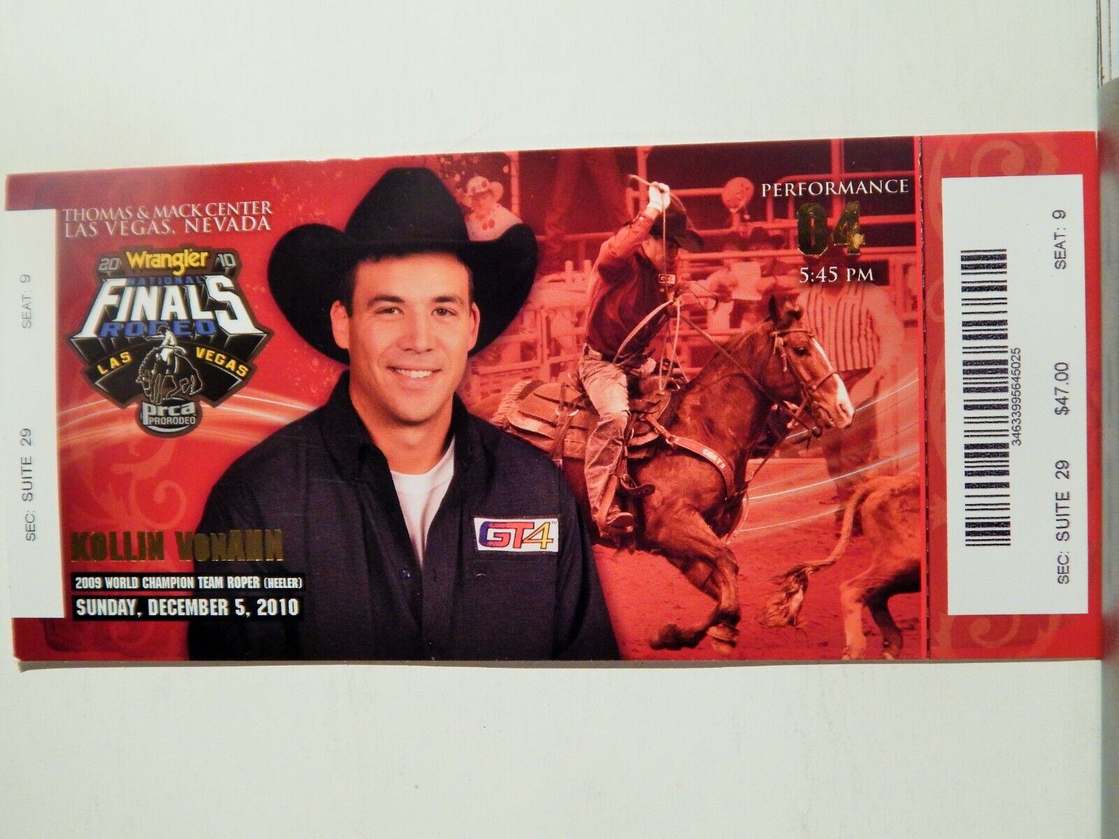 2010 NATIONAL FINALS RODEO LG ORIGINAL USED TICKET KOLLIN VONANN COLOR Photo Poster painting