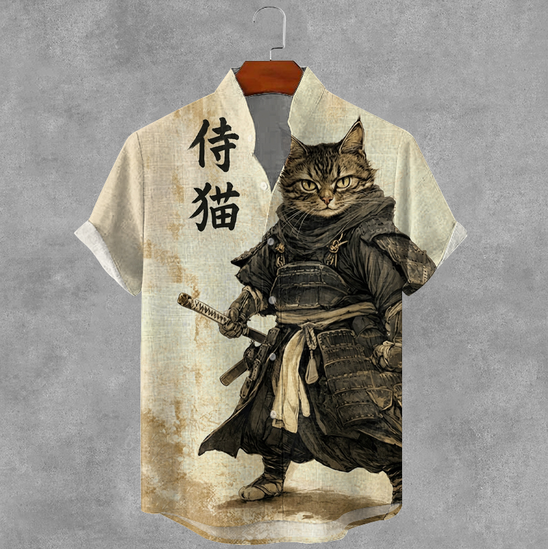 Men's Vintage Samurai Cat Art Print Short Sleeve Shirt elevenforest