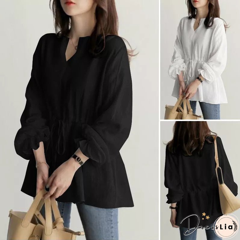 Women's Long-sleeved Collar Drawstring Waist Solid Color Blouses