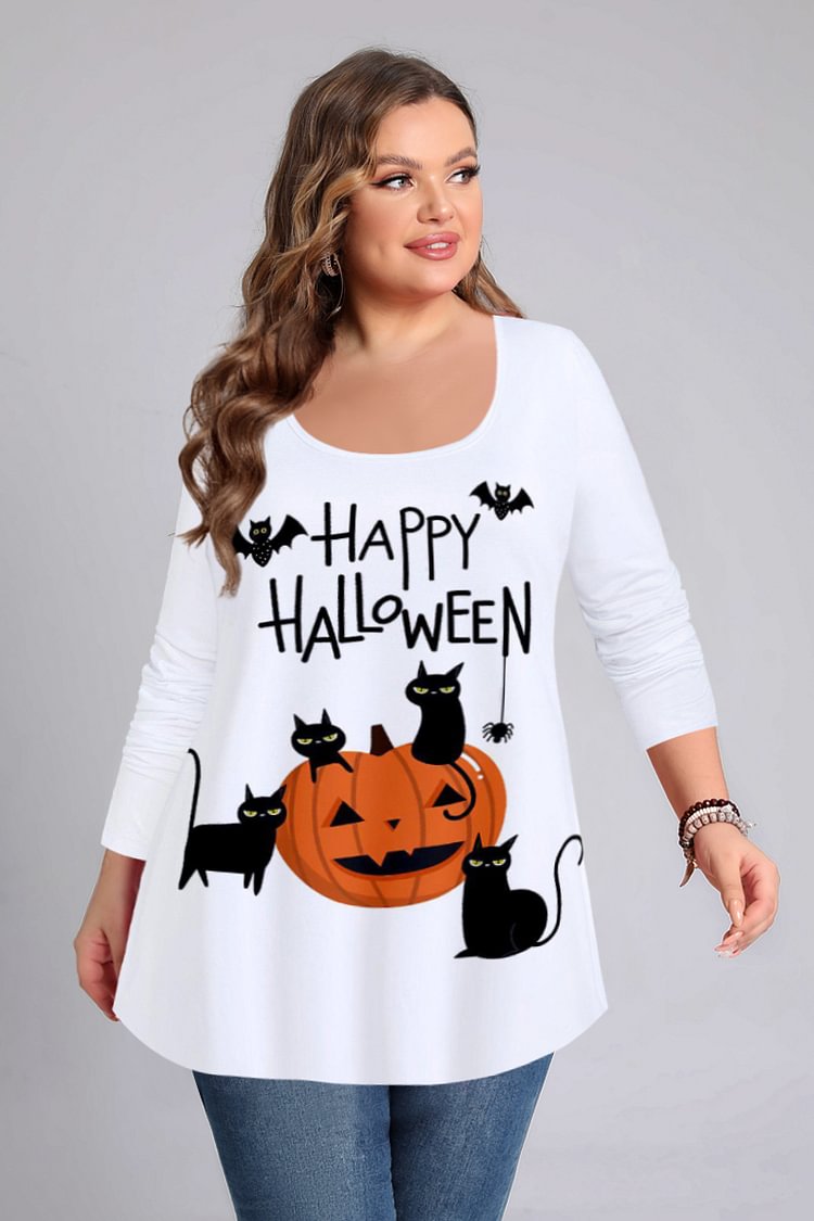 Plus Size Halloween White Letters Graphic Print U Neck T-Shirt [Pre-Order]