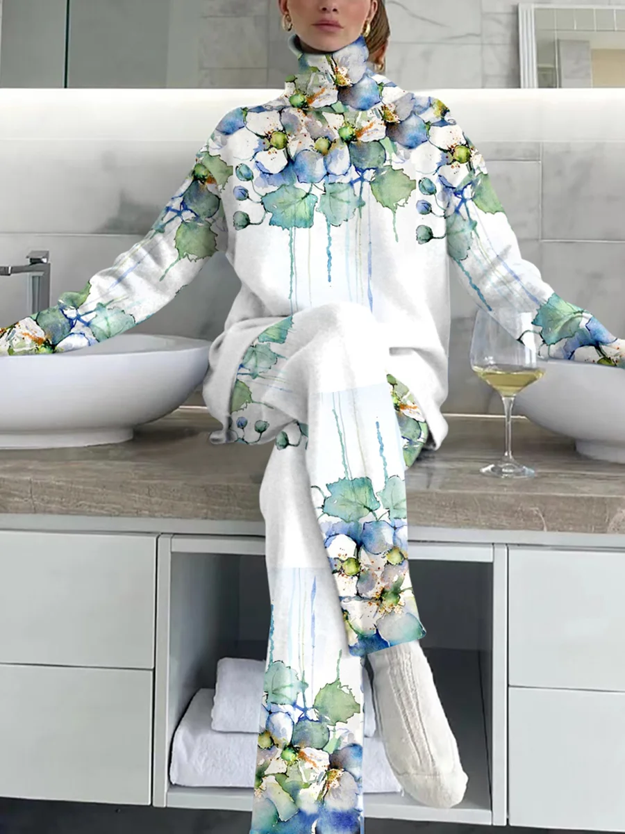 Women's Elegant Two-tone Floral Print Straight Suit
