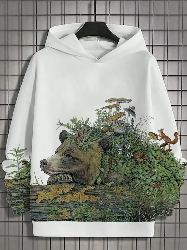 Men's Bear Forest Mushroom Nature Art Painting Cat Print Hooded Sweatshirt