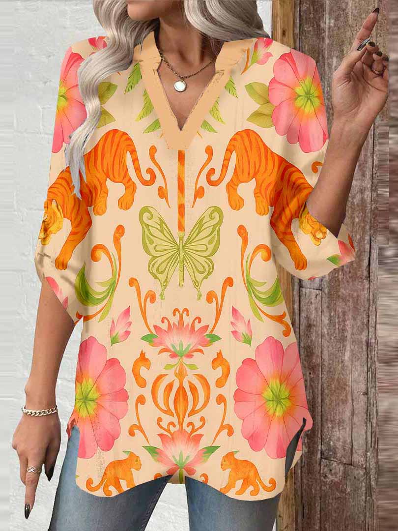 Women Tropical, Animals, Pink DZGA0097 3/4 Sleeve V-neck Printed Graphic Button Tops