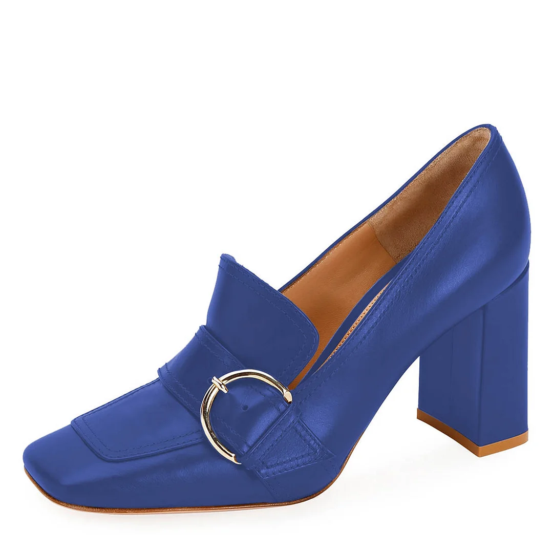 YDN Blue Buckle Strap Square Toe Chunky Heeled Loafers Women